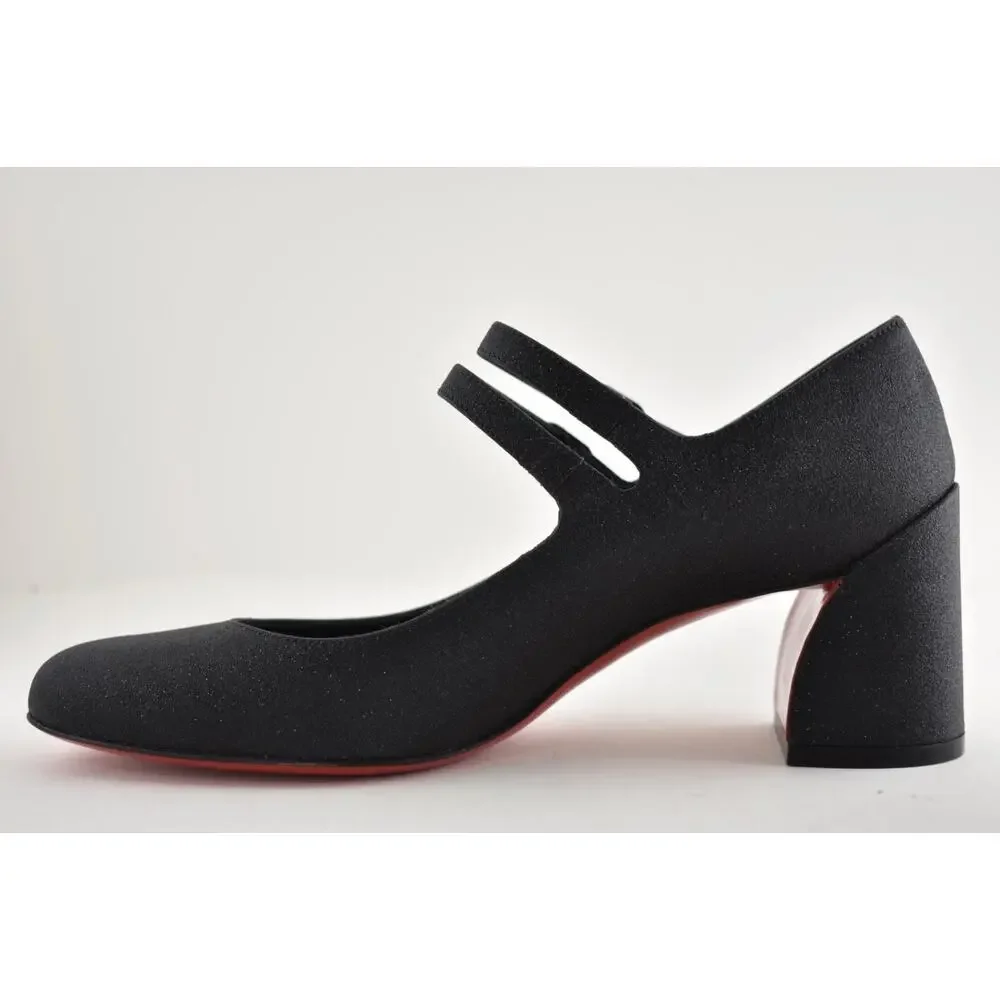 Christian Louboutin Miss Jane 55 Black Glitter Mary Jane Block Heel Pump 37.5